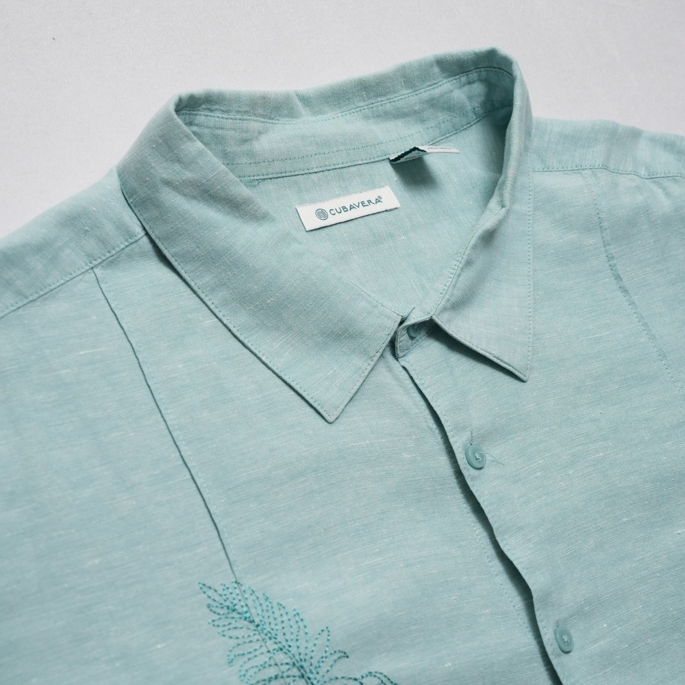Cubavera Button Up Shirt Mens 4XLT Aqua Blue Linen Blend Embroidered Big Tall - Picture 4 of 15